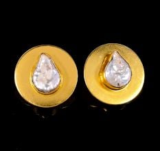 Handmade Brass Round Stud Earrings with Baroque Pearl Stones and 22k Gold Plating